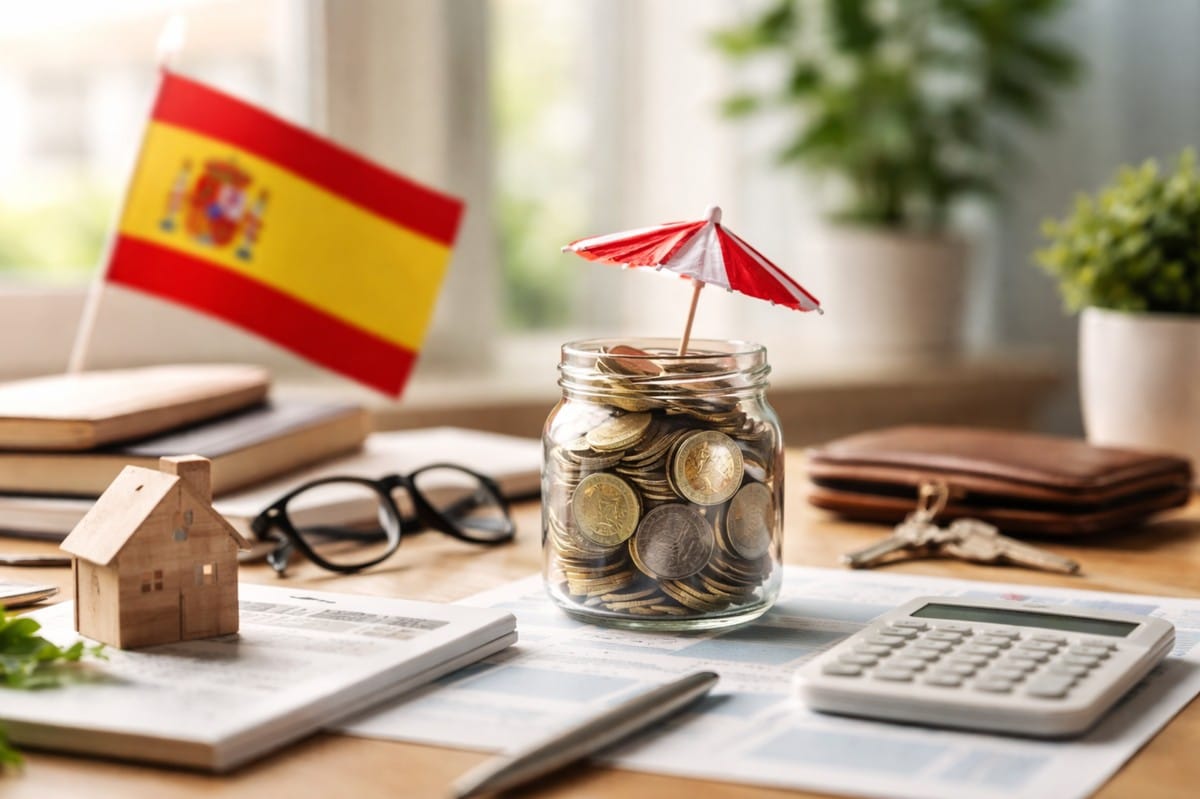 Una mesa de trabajo iluminada con luz natural sostiene un tarro de cristal lleno de monedas de euro, protegido por una pequeña sombrilla roja y blanca, que representa la planificación financiera privada de la jubilación en España.
