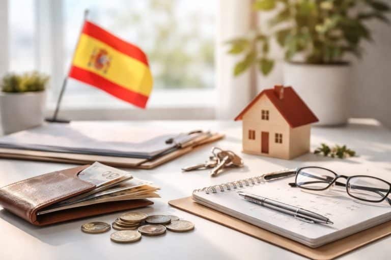 La imagen complementa este mensaje de forma visual y sutil. Muestra un entorno ordenado y luminoso con elementos asociados al control de finanzas, como dinero en euros, un cuaderno de planificación, una cartera y una pequeña casa, junto a una bandera de España.