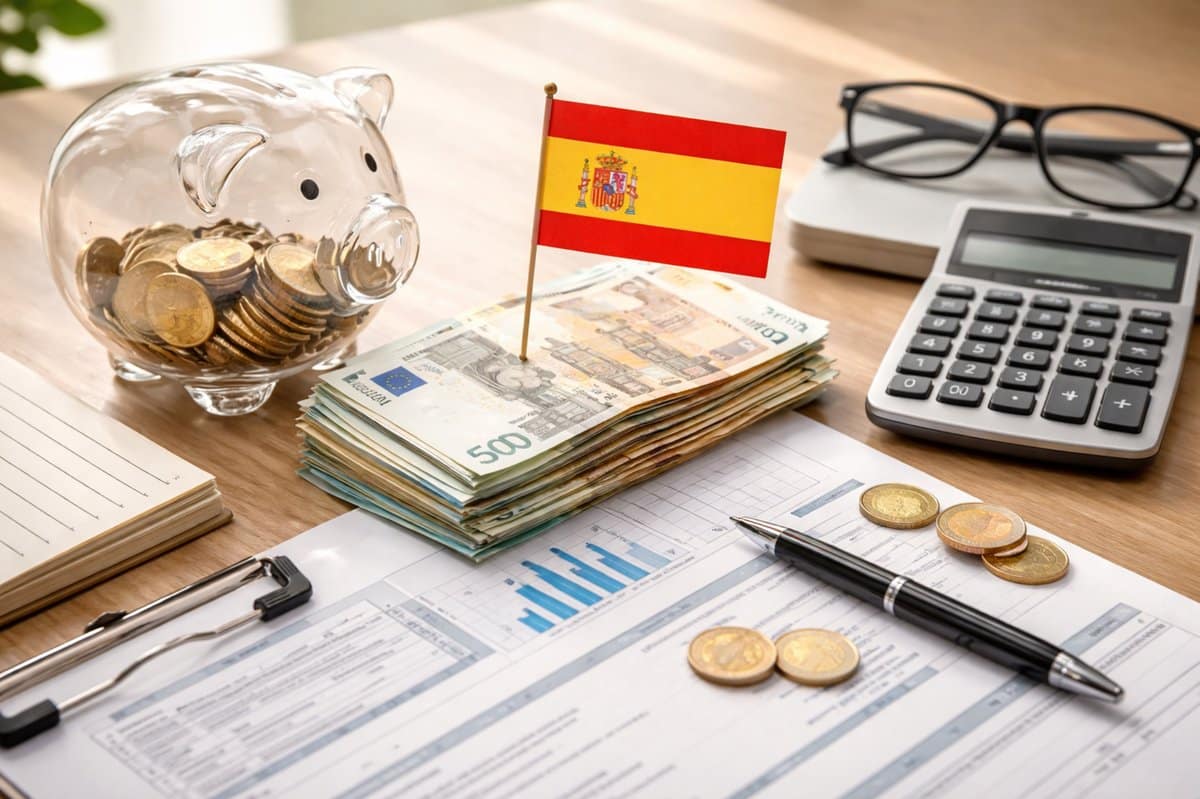 La imagen muestra una escena financiera ordenada y realista que evoca la planificación de inversiones en España.