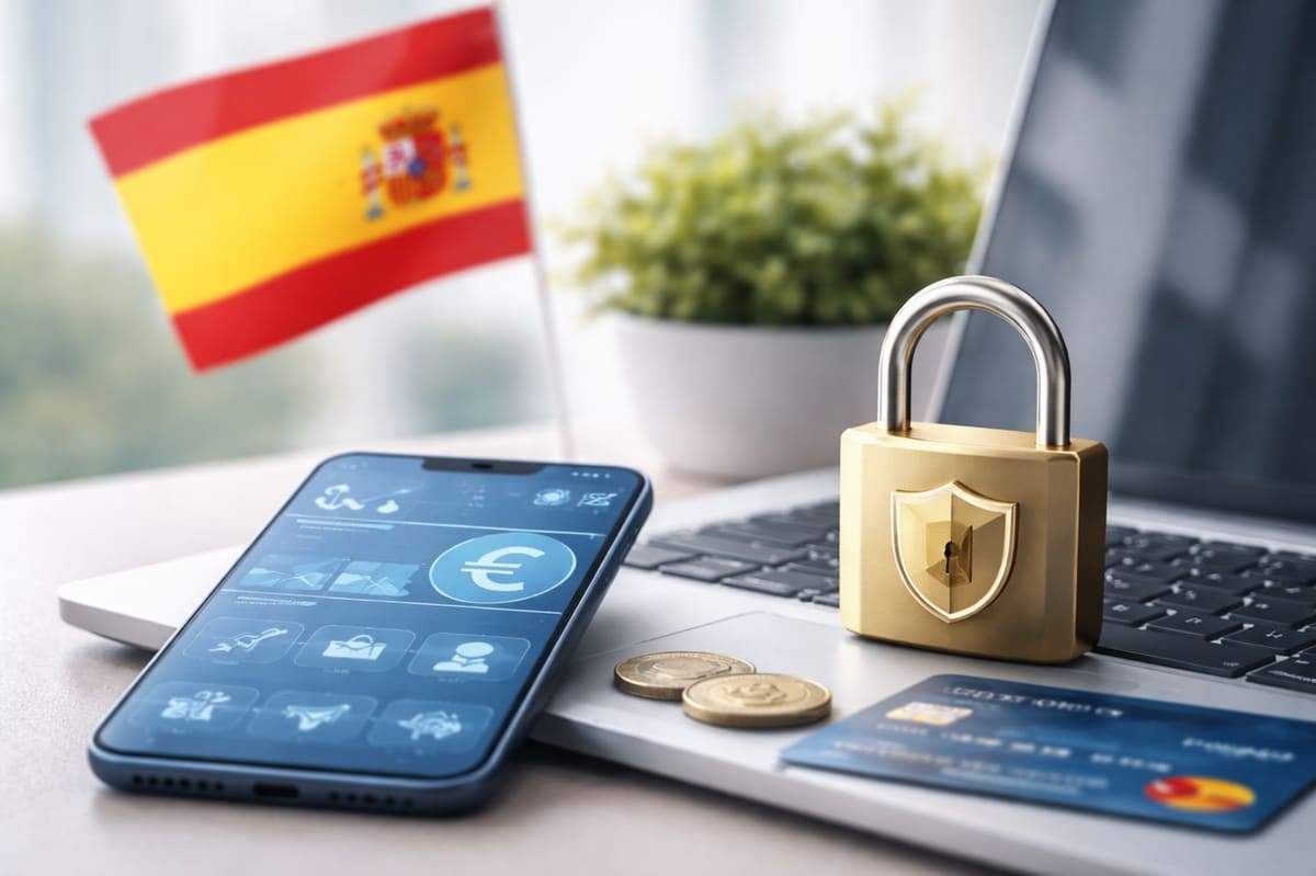 Imagen realista que representa el ecosistema de finanzas digitales en España, mostrando un teléfono móvil con una aplicación financiera, un ordenador portátil y elementos de pago electrónico.