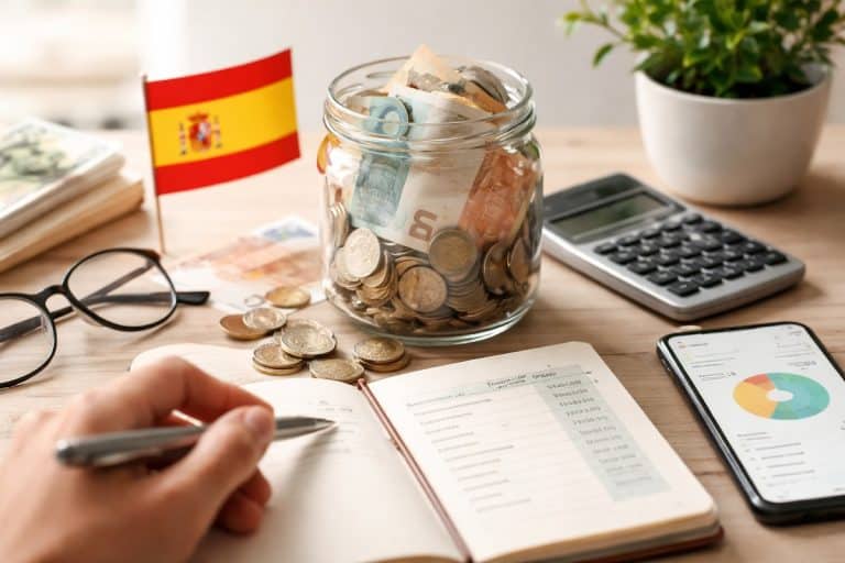 Imagem realista e minimalista representando finanzas personales en España: sobre una mesa clara de madera hay un frasco de vidrio con monedas y billetes de euro, una pequeña bandera española al fondo, una calculadora, gafas y una libreta abierta mientras una mano escribe.