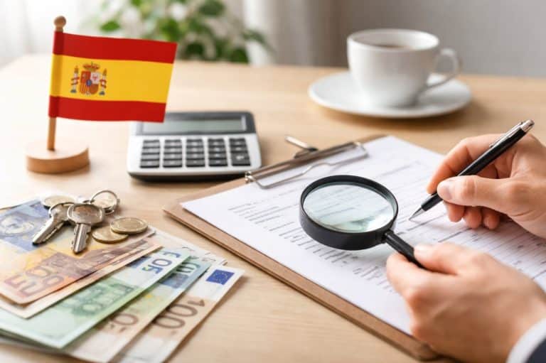 Imagen realista y minimalista que muestra una mesa de madera clara con elementos relacionados con las finanzas personales en España.