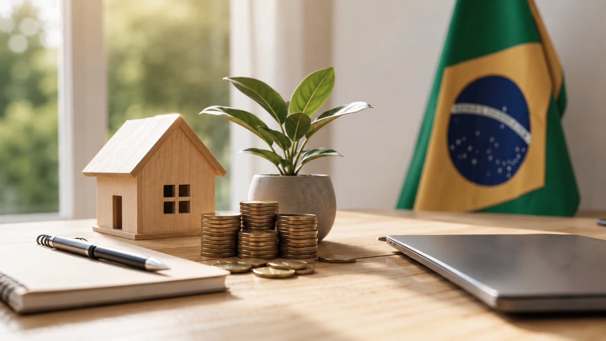 Mesa de madeira em ambiente iluminado naturalmente com notebook fechado, caderno, caneta, pequenas pilhas de moedas, planta em vaso e miniatura de casa ao lado de bandeira do Brasil desfocada ao fundo.