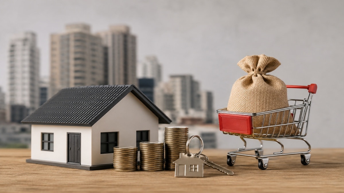 Miniatura de uma casa sobre superfície de madeira ao lado de pilhas de moedas e chave metálica em primeiro plano, com carrinho de compras contendo saco de tecido ao fundo. A cena tem prédios residenciais desfocados ao fundo, iluminação suave e composição minimalista que representa os fatores econômicos que pressionam o mercado de moradia no Brasil.