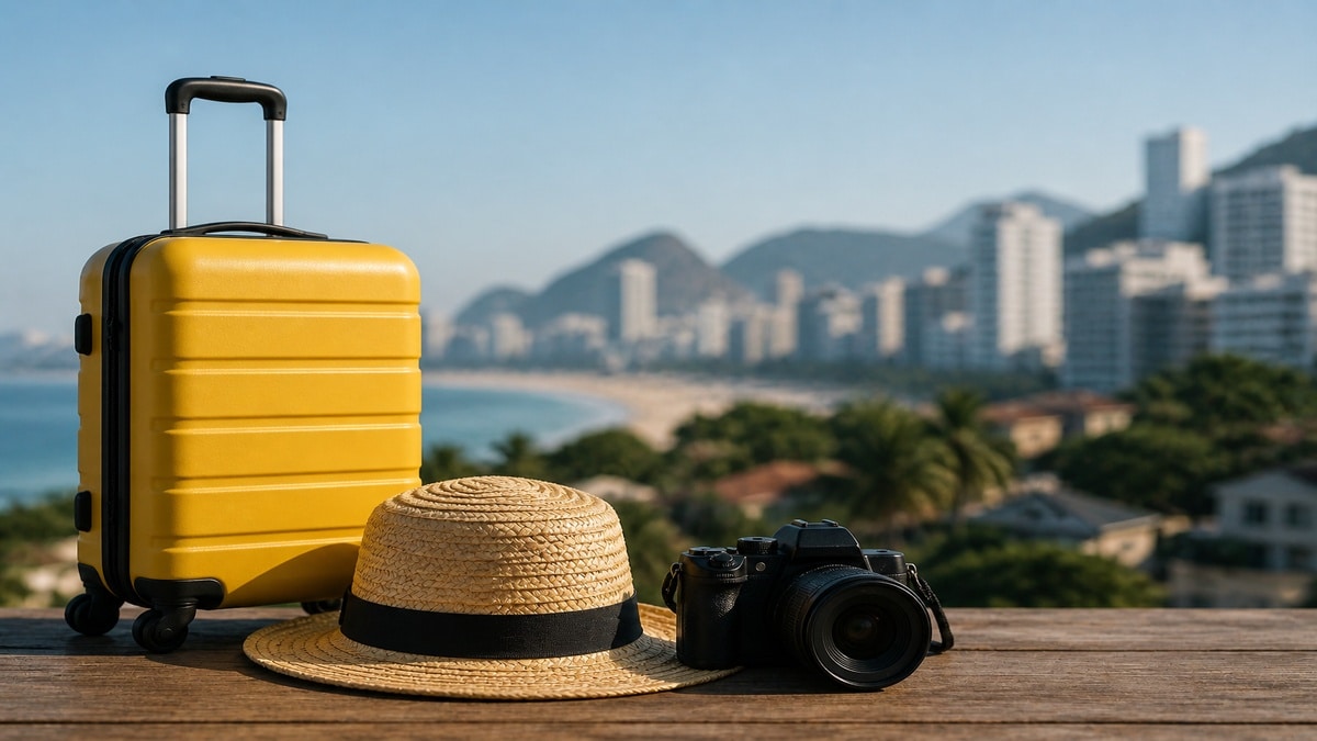 Cena minimalista com mala de viagem amarela, chapéu de palha e câmera fotográfica sobre superfície de madeira, tendo ao fundo uma paisagem litorânea urbana desfocada com prédios e praia. A composição representa os impactos econômicos do turismo no Brasil além da alta temporada, com iluminação natural e elementos associados ao setor de viagens e lazer.