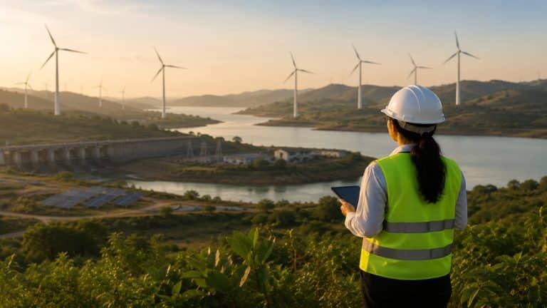 Profissional do setor energético usando capacete branco e colete refletivo observa uma paisagem com turbinas eólicas, reservatório de água, usina hidrelétrica e painéis solares ao entardecer. A cena apresenta vegetação em primeiro plano, iluminação natural suave e composição minimalista que representa a transição verde e seus impactos na economia brasileira.