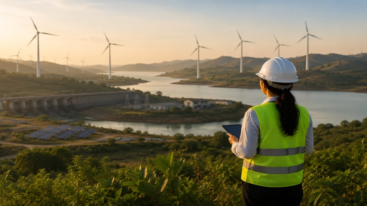 Profissional do setor energético usando capacete branco e colete refletivo observa uma paisagem com turbinas eólicas, reservatório de água, usina hidrelétrica e painéis solares ao entardecer. A cena apresenta vegetação em primeiro plano, iluminação natural suave e composição minimalista que representa a transição verde e seus impactos na economia brasileira.