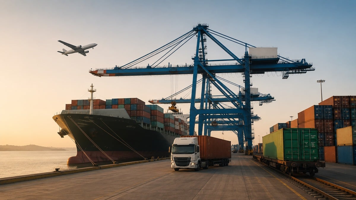 Porto industrial com navio cargueiro atracado ao lado de contêineres empilhados, guindastes de carga, caminhão de transporte e vagões ferroviários durante o fim da tarde. Um avião sobrevoa a área ao fundo, compondo uma cena minimalista que representa o comércio exterior brasileiro e sua influência no crescimento econômico.