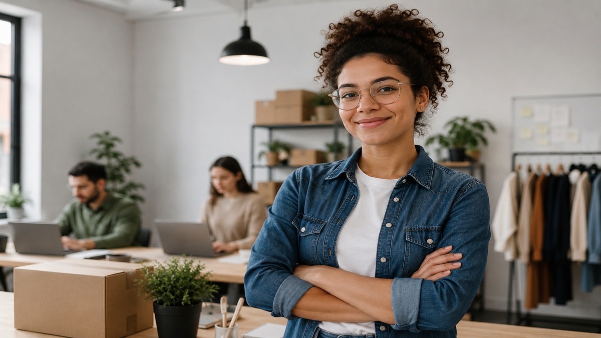 Empreendedora em escritório moderno e minimalista posa com braços cruzados em primeiro plano enquanto outras pessoas trabalham em notebooks ao fundo. O ambiente possui iluminação natural, caixas de envio, plantas e espaço organizado.