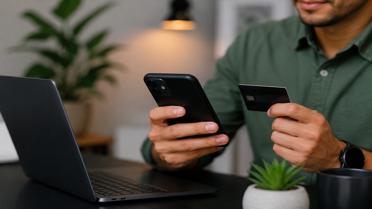 Pessoa utiliza smartphone e cartão bancário em ambiente de trabalho moderno com notebook sobre mesa escura e iluminação suave ao fundo. A composição minimalista inclui elementos discretos de escritório e representa a evolução da tecnologia financeira no Brasil e seus impactos na economia digital.