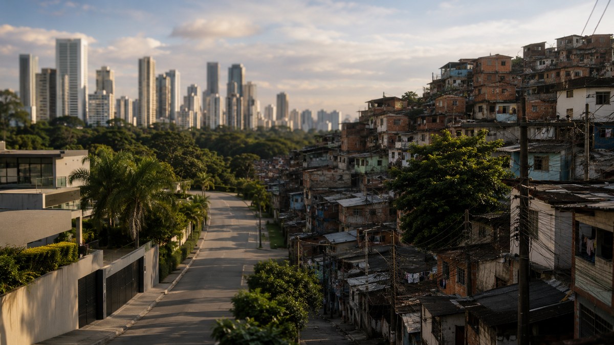 Paisagem urbana mostra contraste entre prédios modernos e área de moradias precárias em uma comunidade brasileira. De um lado, ruas arborizadas e edifícios de alto padrão; do outro, casas densamente agrupadas em região de infraestrutura limitada.