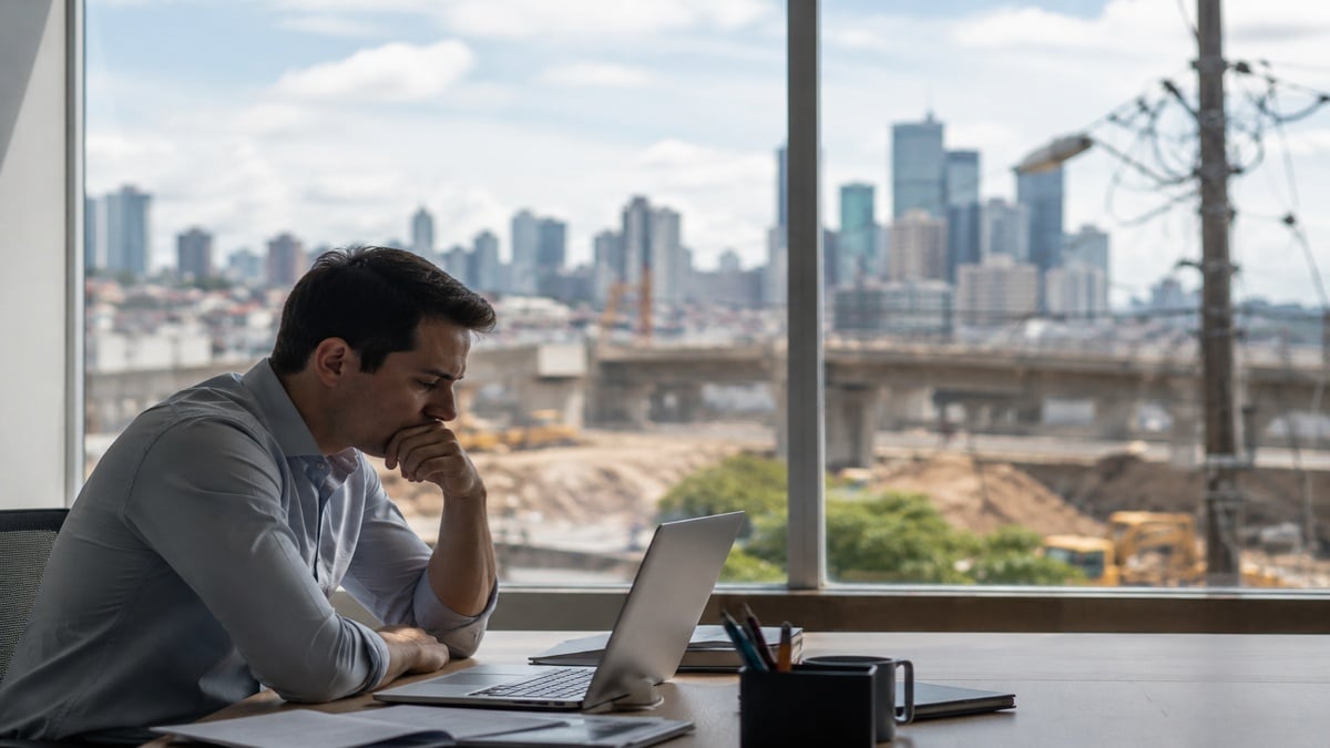 Homem trabalha em notebook dentro de escritório com vista para uma paisagem urbana em transformação, incluindo obras de infraestrutura e prédios ao fundo.