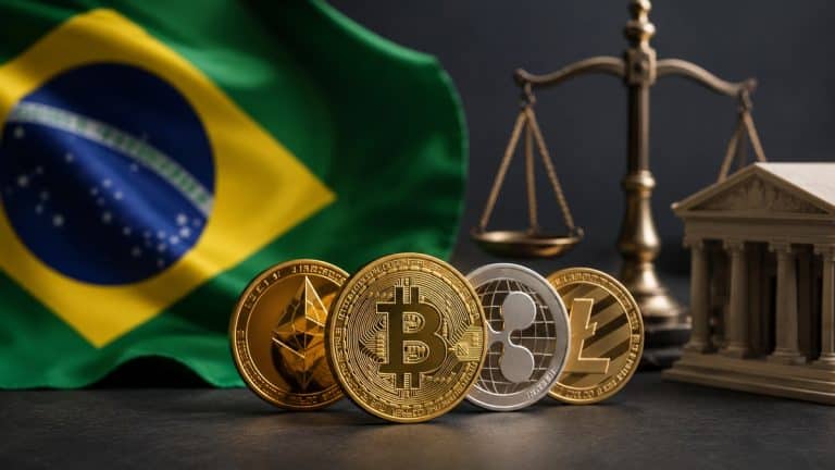 Moedas físicas representando Bitcoin, Ethereum, Ripple e Litecoin posicionadas em primeiro plano sobre superfície escura, com bandeira do Brasil desfocada ao fundo e elementos simbólicos de justiça e regulamentação financeira, transmitindo os riscos e oportunidades do mercado de criptomoedas no Brasil.