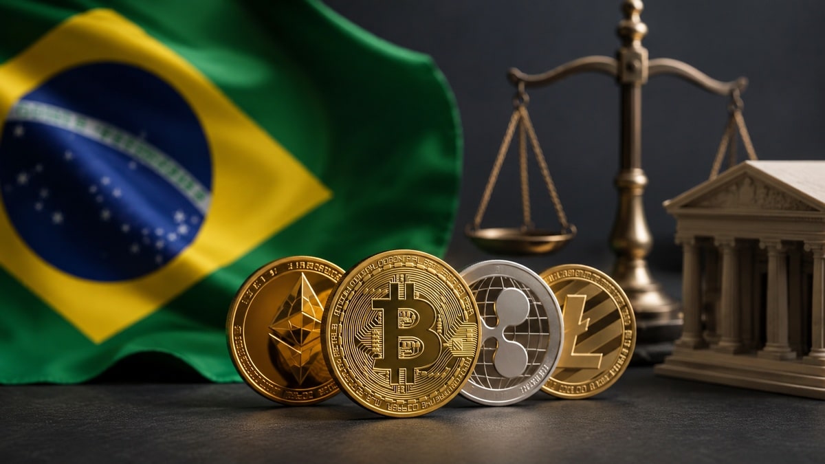 Moedas físicas representando Bitcoin, Ethereum, Ripple e Litecoin posicionadas em primeiro plano sobre superfície escura, com bandeira do Brasil desfocada ao fundo e elementos simbólicos de justiça e regulamentação financeira, transmitindo os riscos e oportunidades do mercado de criptomoedas no Brasil.