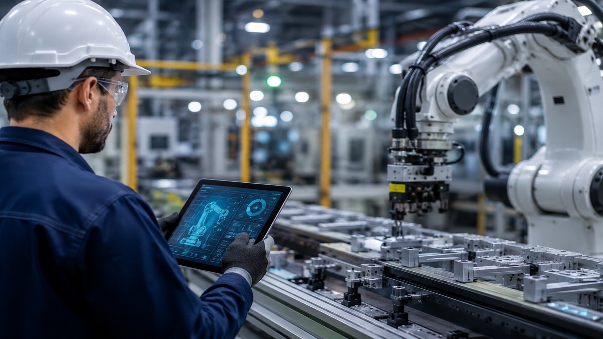 Profissional da indústria utiliza tablet em linha de produção automatizada com braço robótico em fábrica moderna.