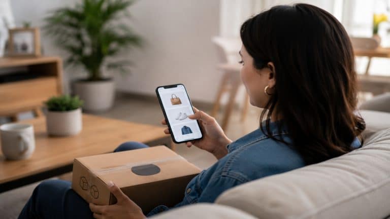 Mulher sentada em sofá de ambiente residencial moderno segura caixa de entrega enquanto navega em aplicativo de compras pelo smartphone. A cena possui decoração minimalista, iluminação suave e elementos discretos de consumo digital, representando a mudança no comportamento dos consumidores brasileiros no ambiente online.
