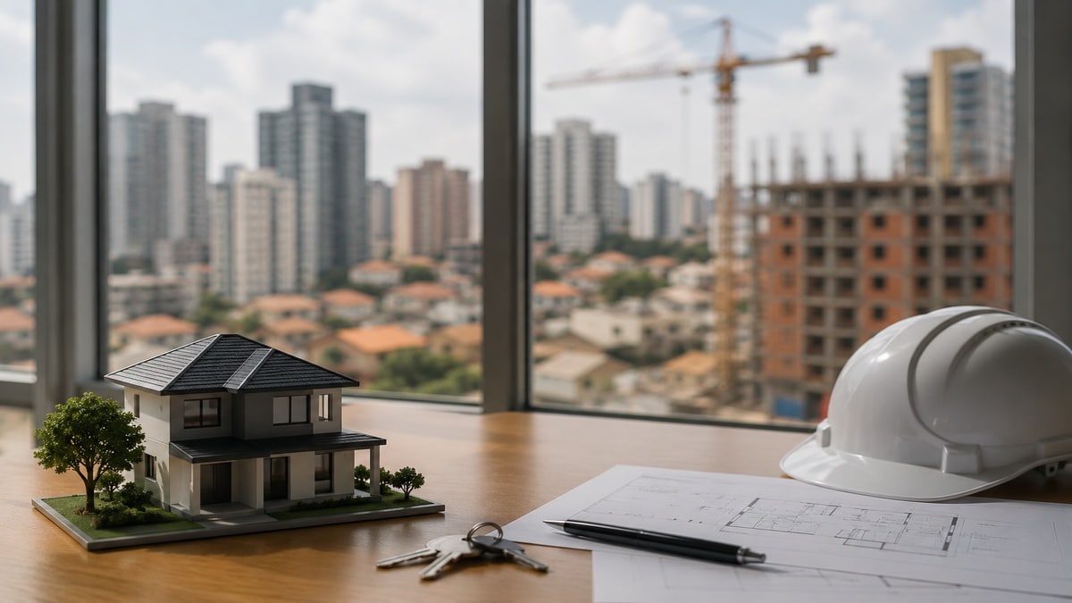 Maquete de casa moderna sobre mesa de escritório ao lado de capacete de construção, chaves e planta arquitetônica, com vista desfocada de prédios residenciais e obra em andamento ao fundo.