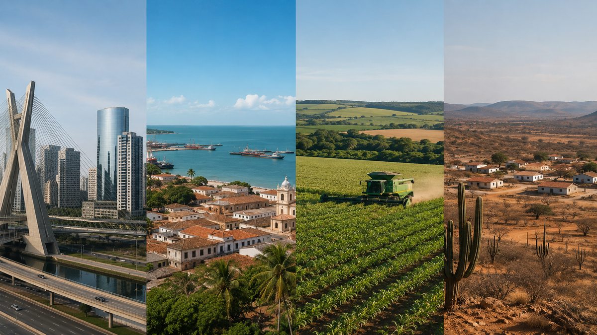Composição panorâmica dividida em diferentes cenários representando regiões do Brasil, incluindo área urbana moderna com ponte e prédios, cidade litorânea, região agrícola mecanizada e paisagem semiárida com pequenas casas dispersas.