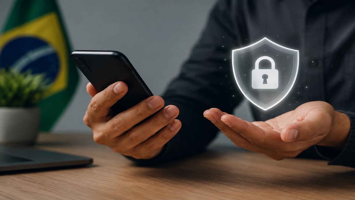 Homem segurando um smartphone sobre uma mesa enquanto um ícone holográfico de escudo com cadeado aparece acima da mão aberta, simbolizando proteção financeira digital. Ao fundo, a bandeira do Brasil desfocada reforça o contexto nacional. A cena possui iluminação suave, composição minimalista e elementos tecnológicos discretos relacionados à segurança de dados e finanças digitais.