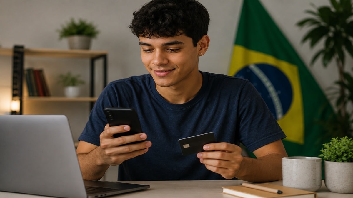 Jovem utilizando smartphone e cartão bancário enquanto está sentado em uma mesa com notebook em ambiente doméstico moderno. Ao fundo, a bandeira do Brasil aparece desfocada.