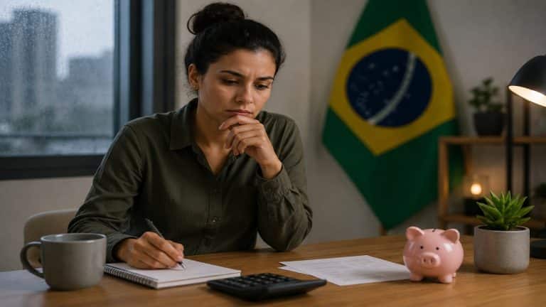 Mulher sentada em uma mesa analisando anotações financeiras em ambiente doméstico com iluminação suave e clima introspectivo. Sobre a mesa há um cofrinho, calculadora, papéis e uma caneca, enquanto a bandeira do Brasil aparece desfocada ao fundo.