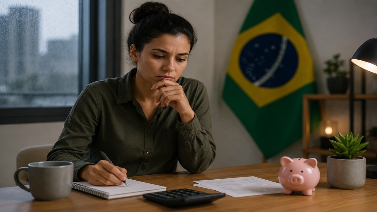 Mulher sentada em uma mesa analisando anotações financeiras em ambiente doméstico com iluminação suave e clima introspectivo. Sobre a mesa há um cofrinho, calculadora, papéis e uma caneca, enquanto a bandeira do Brasil aparece desfocada ao fundo.