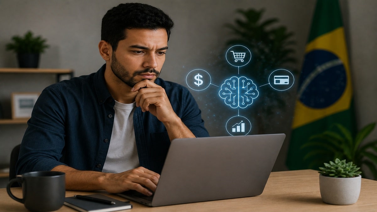 Homem utilizando notebook em ambiente de trabalho moderno enquanto observa elementos holográficos relacionados à inteligência artificial e finanças digitais. Ao fundo, a bandeira do Brasil aparece desfocada, reforçando o contexto nacional.