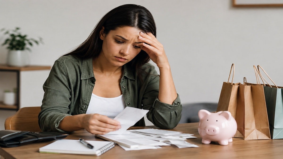 Mulher jovem sentada à mesa em um ambiente interno minimalista e bem iluminado, analisando recibos e papéis relacionados a despesas pessoais. Ela demonstra preocupação financeira ao apoiar a mão na testa enquanto observa um comprovante. Sobre a mesa há um cofrinho rosa, sacolas de compras, carteira, caderno e documentos espalhados.