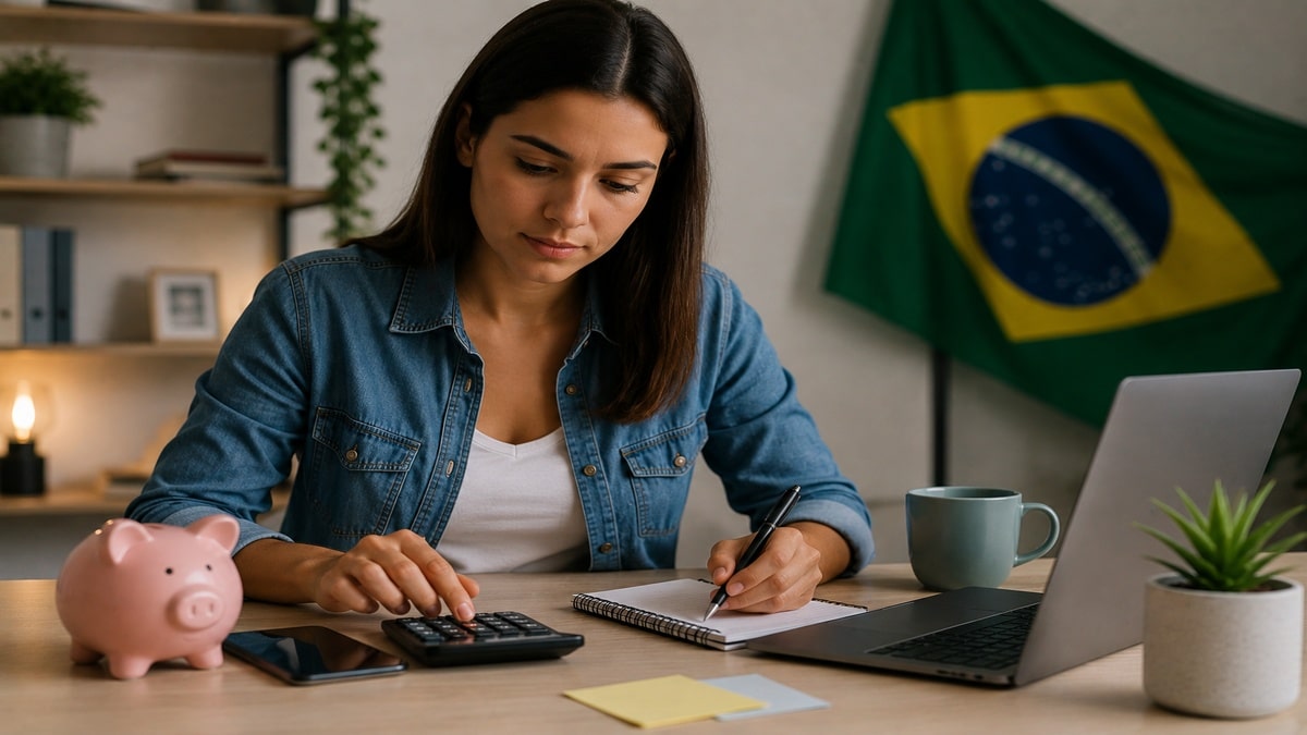 Mulher organizando finanças pessoais em mesa de trabalho com notebook, calculadora, celular, caderno e cofrinho em ambiente doméstico iluminado. Ao fundo, a bandeira do Brasil aparece desfocada.