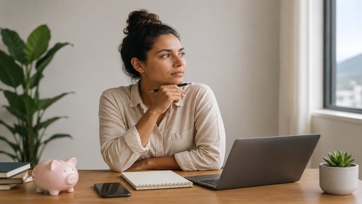 Mulher sentada em uma mesa organizada enquanto planeja metas financeiras em ambiente minimalista e iluminado naturalmente. A cena mostra notebook, celular, caderno e cofrinho sobre mesa de madeira.