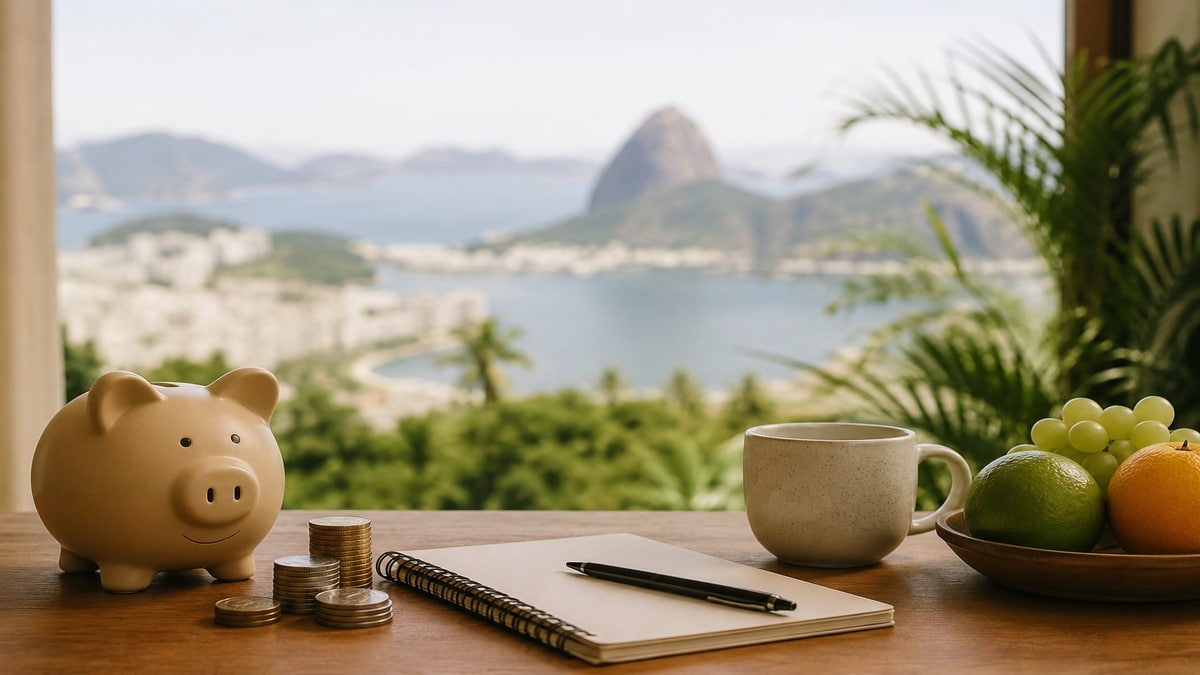 Mesa de madeira com cofre em formato de porquinho, moedas empilhadas, caderno aberto com caneta, caneca e frutas ao lado de uma janela com vista desfocada para uma paisagem brasileira litorânea com montanhas e vegetação tropical.