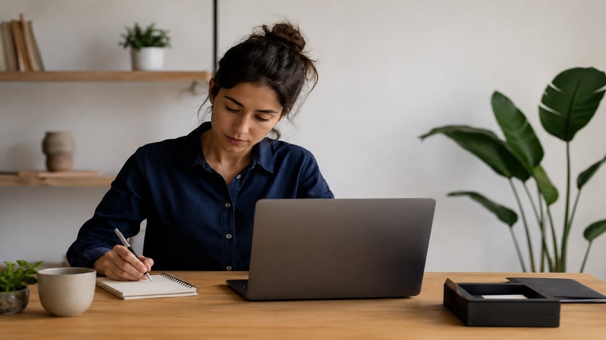 Freelancer brasileira trabalhando em um escritório doméstico minimalista, escrevendo em um caderno enquanto utiliza um notebook sobre uma mesa de madeira clara. O ambiente possui iluminação natural suave, decoração discreta com plantas e prateleiras ao fundo, transmitindo organização financeira e produtividade em meio à rotina de renda variável.