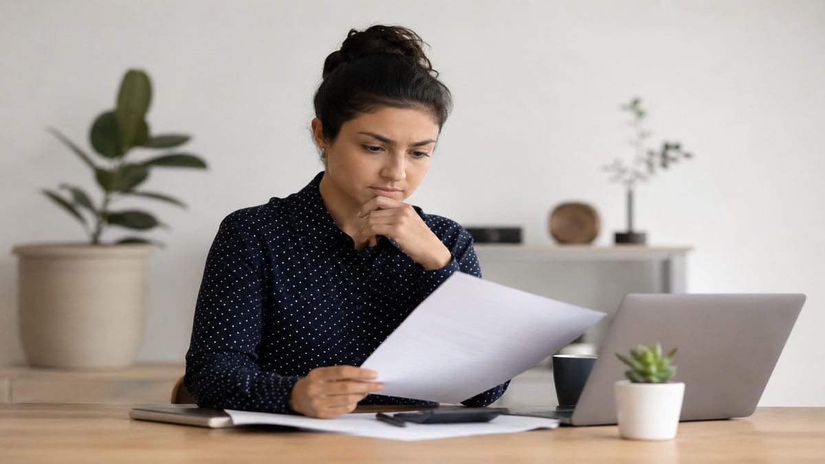 Mulher concentrada analisando documentos financeiros em uma mesa de madeira em ambiente minimalista e iluminado suavemente. Ela segura uma folha de papel enquanto observa atentamente as informações, com notebook aberto ao lado, celular, calculadora e pequenos objetos decorativos ao fundo.
