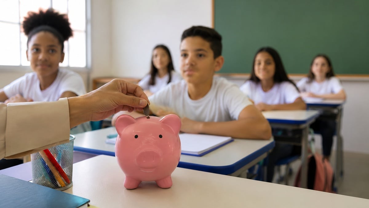 Sala de aula brasileira iluminada por luz natural, com estudantes sentados em carteiras escolares ao fundo e um cofre em formato de porquinho rosa em destaque sobre a mesa. Uma mão adulta insere uma moeda no cofre, representando educação financeira nas escolas. O ambiente possui quadro verde ao fundo, materiais escolares discretos e composição minimalista com foco em conscientização financeira no contexto educacional.