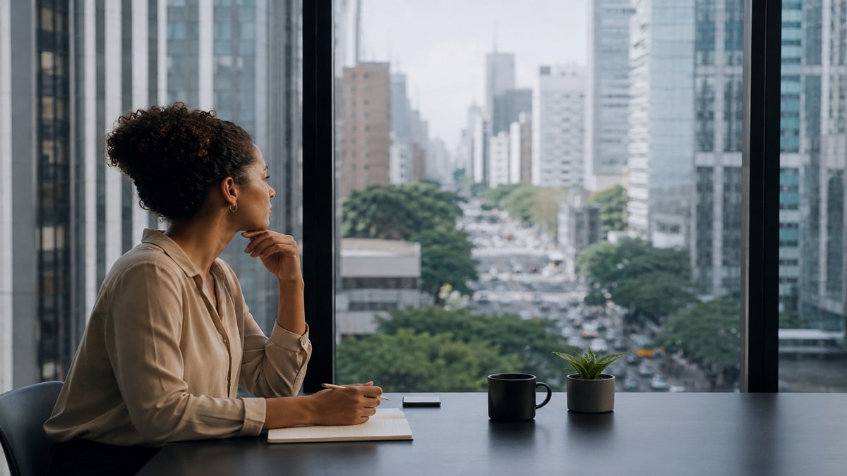 Mulher sentada em uma mesa de escritório observa a paisagem urbana de uma grande cidade brasileira através de uma janela ampla. O ambiente minimalista possui iluminação natural suave, mesa escura com caderno, celular, caneca e pequeno vaso de planta. Ao fundo, prédios altos e trânsito intenso aparecem desfocados, transmitindo a rotina financeira e o ritmo acelerado das grandes cidades.