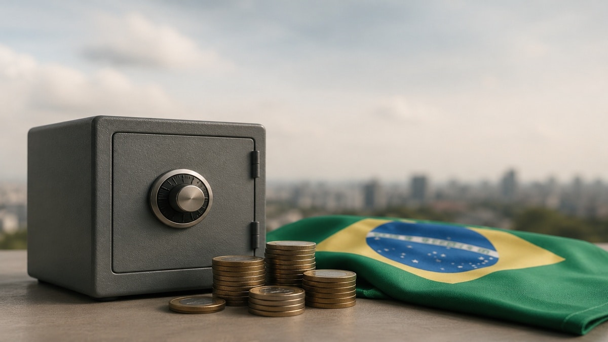 Imagem realista e minimalista mostrando um cofre cinza fechado ao lado de pequenas pilhas de moedas metálicas sobre uma superfície lisa. Ao fundo, uma bandeira do Brasil parcialmente dobrada aparece desfocada diante de uma paisagem urbana sob céu nublado, transmitindo sensação de segurança financeira e cautela em investimentos de renda fixa durante período de incerteza econômica.