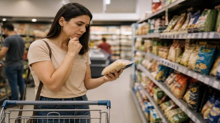 Mulher brasileira em um corredor de supermercado observa atentamente um produto alimentício enquanto segura o carrinho de compras. A cena tem iluminação suave e ambiente organizado, com prateleiras desfocadas ao fundo e expressão de reflexão sobre consumo e orçamento doméstico.