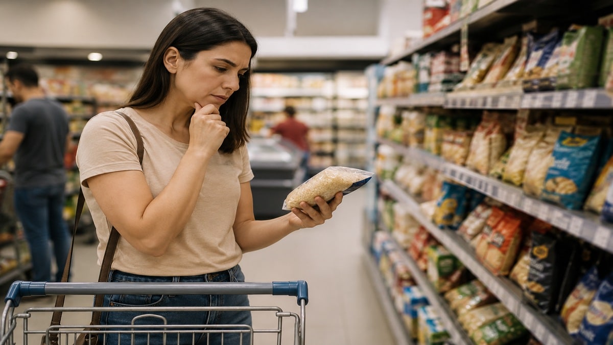 Mulher brasileira em um corredor de supermercado observa atentamente um produto alimentício enquanto segura o carrinho de compras. A cena tem iluminação suave e ambiente organizado, com prateleiras desfocadas ao fundo e expressão de reflexão sobre consumo e orçamento doméstico.