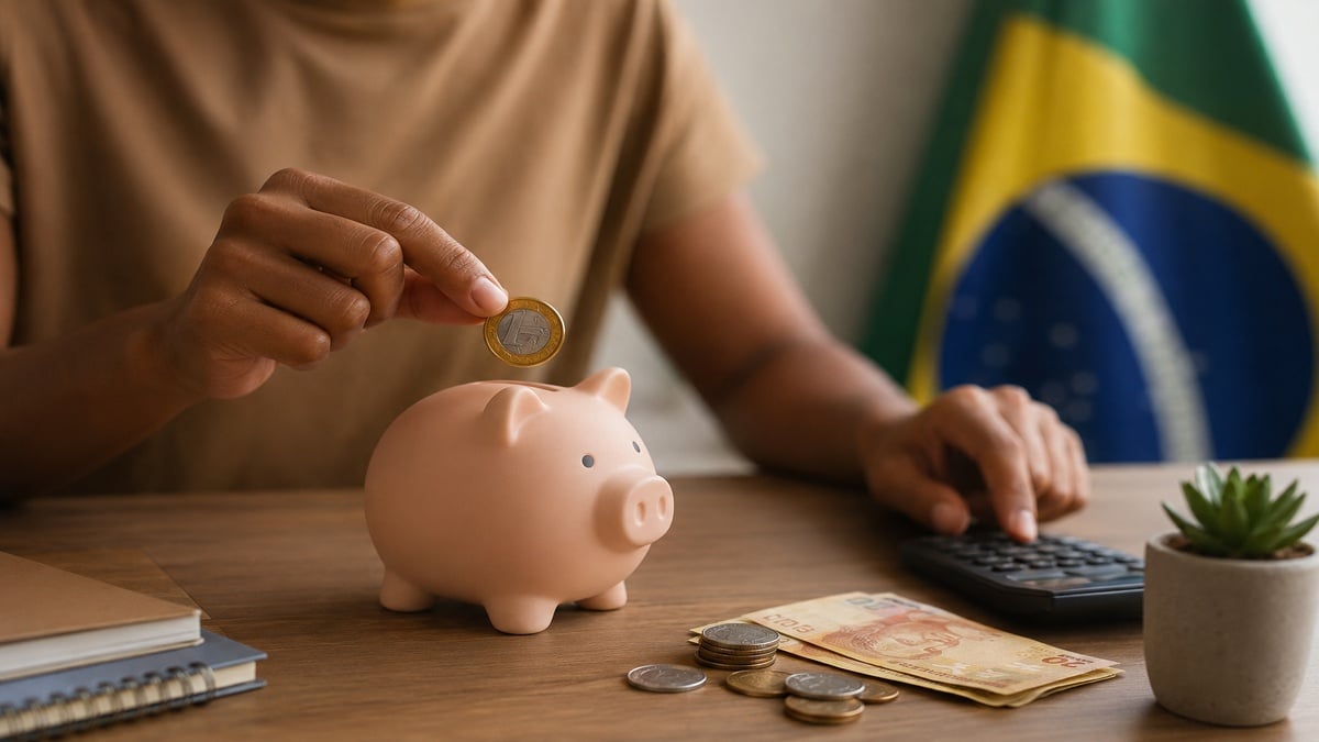 Homem segurando uma moeda acima de um cofrinho sobre mesa de madeira, ao lado de calculadora, cédulas e moedas de real, em ambiente minimalista com bandeira do Brasil desfocada ao fundo.