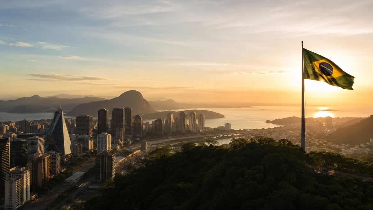 ista aérea panorâmica de uma grande cidade brasileira ao pôr do sol, com prédios modernos iluminados por luz dourada e montanhas ao fundo. Uma bandeira do Brasil aparece em destaque sobre uma área elevada com vegetação, enquanto o horizonte urbano e a baía refletem tons suaves e quentes.