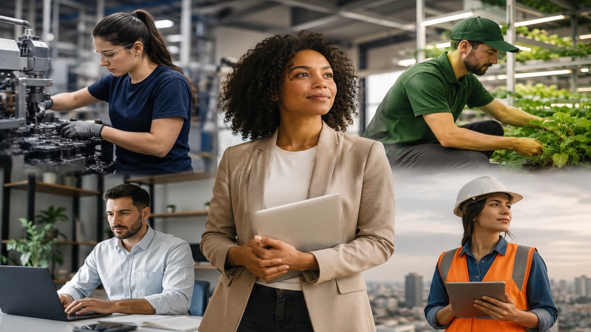 Imagem realista e minimalista sobre novas dinâmicas do mercado de trabalho brasileiro, mostrando profissionais de diferentes setores em ambientes modernos. No centro da composição, uma mulher segura um notebook em cenário corporativo. Nas laterais, aparecem trabalhadores da indústria, tecnologia, agricultura indoor e construção civil, todos em atividades relacionadas às suas profissões.