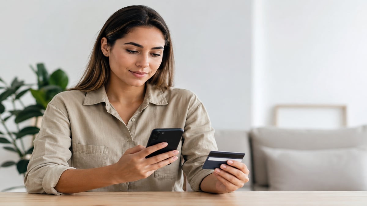 Mulher jovem utilizando smartphone enquanto segura um cartão bancário em um ambiente interno minimalista e iluminado, representando o uso de crédito digital e as mudanças no comportamento do consumidor brasileiro.