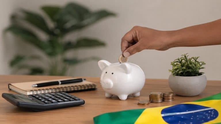 Imagem realista e minimalista sobre educação financeira no Brasil. Uma mão insere uma moeda em um cofre branco sobre uma mesa de madeira. Ao redor do cofre há uma calculadora, um caderno com caneta, pequenas pilhas de moedas e uma planta em vaso. No canto inferior direito aparece parte da bandeira do Brasil.