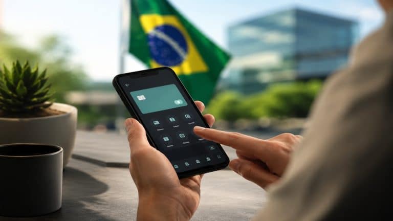 Pessoa utilizando aplicativo de banco digital em um smartphone sobre mesa minimalista, com xícara de café e planta ao lado, enquanto a bandeira do Brasil e prédios modernos aparecem desfocados ao fundo, representando a digitalização bancária e a modernização financeira no Brasil.