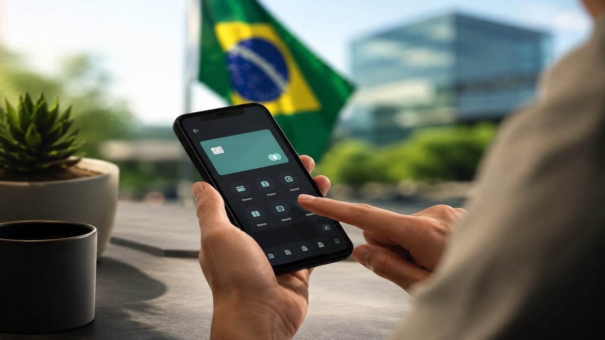 Pessoa utilizando aplicativo de banco digital em um smartphone sobre mesa minimalista, com xícara de café e planta ao lado, enquanto a bandeira do Brasil e prédios modernos aparecem desfocados ao fundo, representando a digitalização bancária e a modernização financeira no Brasil.