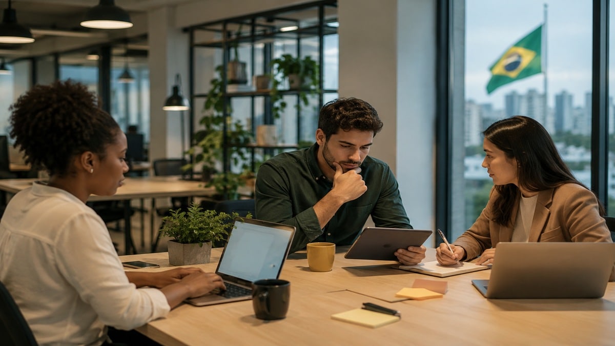 Profissionais reunidos em um escritório moderno e minimalista no Brasil, utilizando notebooks e tablet durante uma reunião colaborativa, representando inovação, crescimento de startups e os desafios do ecossistema empreendedor brasileiro.