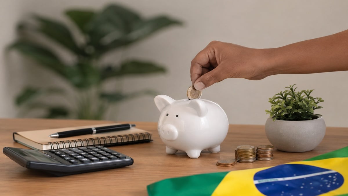 Imagem realista e minimalista sobre educação financeira no Brasil. Uma mão insere uma moeda em um cofre branco sobre uma mesa de madeira. Ao redor do cofre há uma calculadora, um caderno com caneta, pequenas pilhas de moedas e uma planta em vaso. No canto inferior direito aparece parte da bandeira do Brasil.