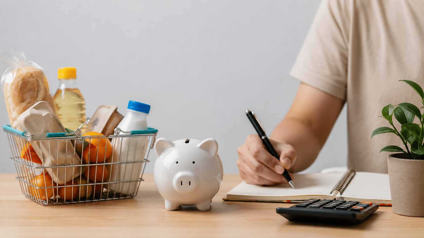 Pessoa organizando o orçamento doméstico em uma mesa com calculadora, caderno, cofrinho branco e cesta de compras com alimentos, representando palavra no contexto do custo de vida no Brasil e do planejamento financeiro familiar.