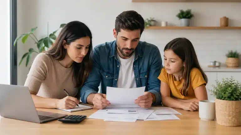 Família brasileira composta por pai, mãe e filha sentados ao redor de uma mesa de madeira em uma cozinha moderna e minimalista, analisando documentos financeiros com atenção. Sobre a mesa há um notebook, uma calculadora e um caderno, em um ambiente com iluminação natural, representando hábitos de organização doméstica e educação financeira no Brasil.