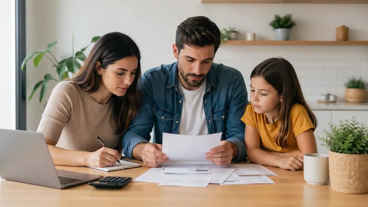 Família brasileira composta por pai, mãe e filha sentados ao redor de uma mesa de madeira em uma cozinha moderna e minimalista, analisando documentos financeiros com atenção. Sobre a mesa há um notebook, uma calculadora e um caderno, em um ambiente com iluminação natural, representando hábitos de organização doméstica e educação financeira no Brasil.